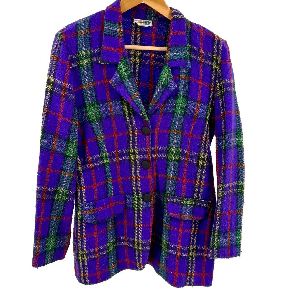 Vintage 80s Paul Harris Design Purple Tartan Plaid Oversized Blazer